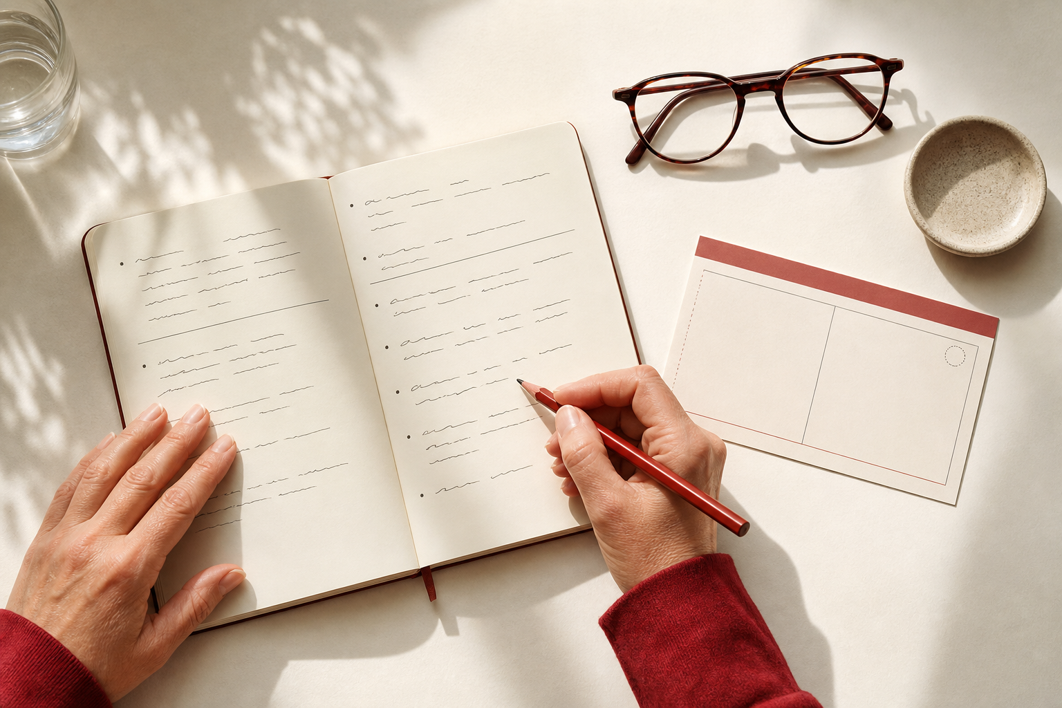Hände notieren Fragen mit einem roten Stift neben Brille und leerer Terminkarte