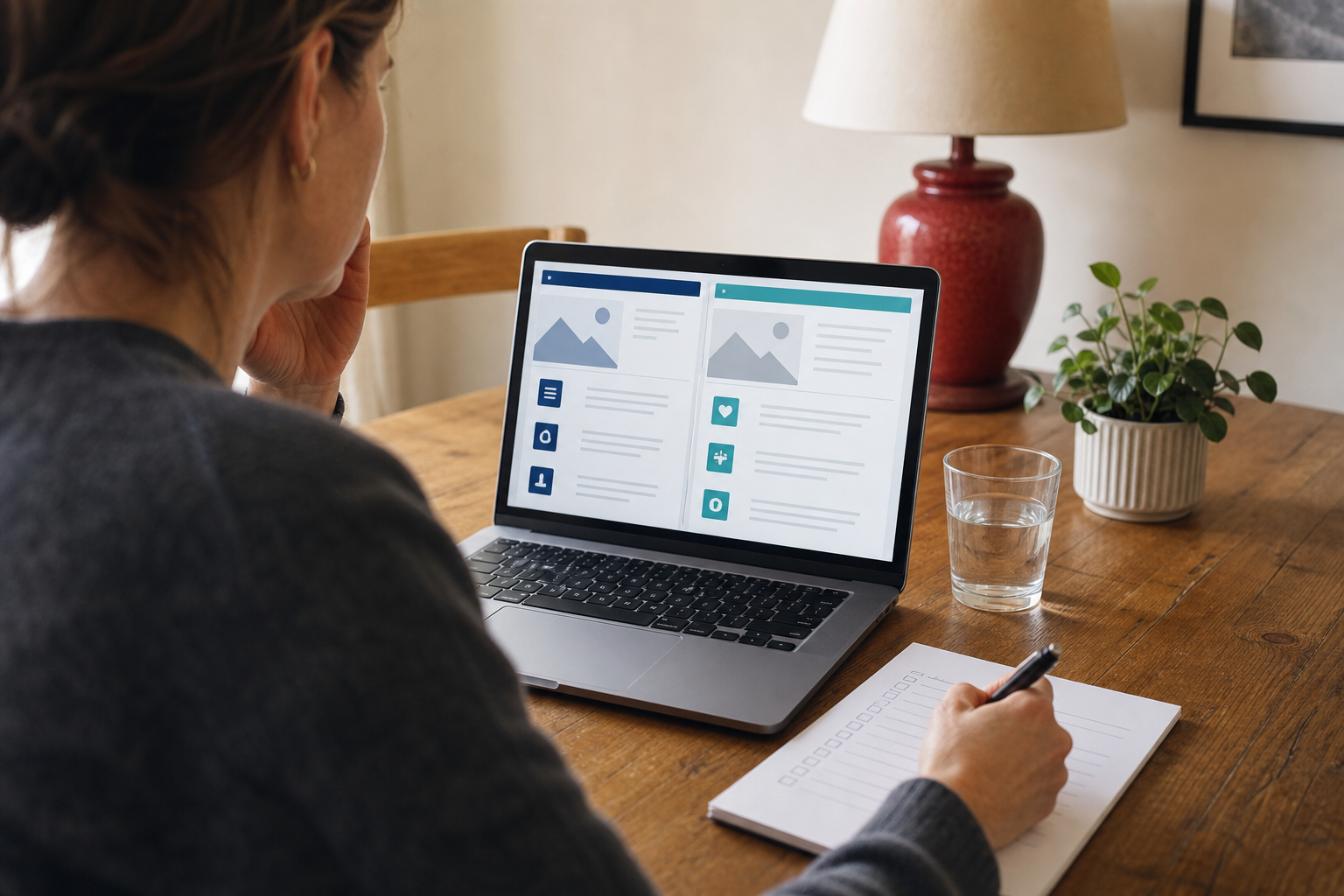 Person vergleicht am Laptop zwei abstrakte Informationsseiten und macht Notizen