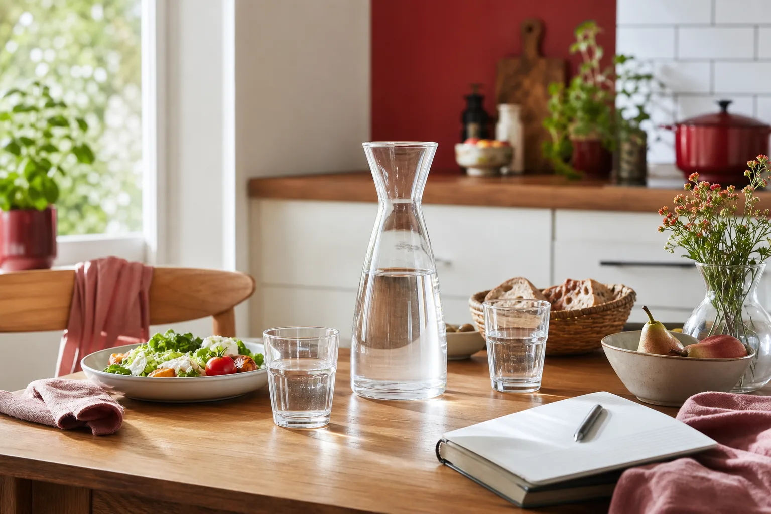 Gl?ser und eine Wasserkaraffe stehen bei einer Mahlzeit als ruhige Trinkanker bereit